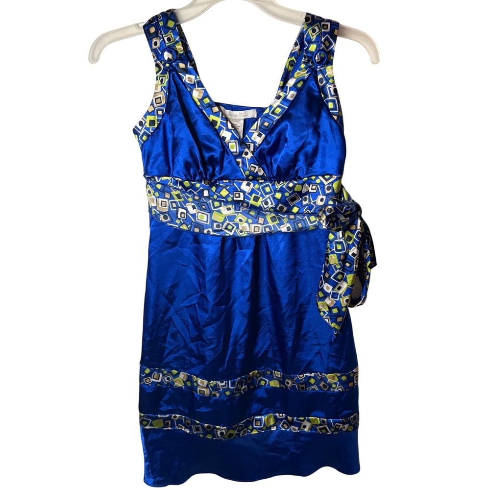 Y2K Vintage Euro Charlotte Russe Mini Dress Womens S Blue Geometric Satin V-Neck